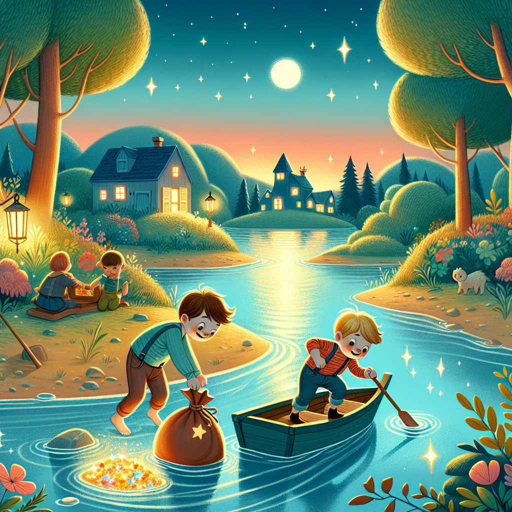 Colorful children's illustration for the story: Tom and Huck's Midnight Adventure