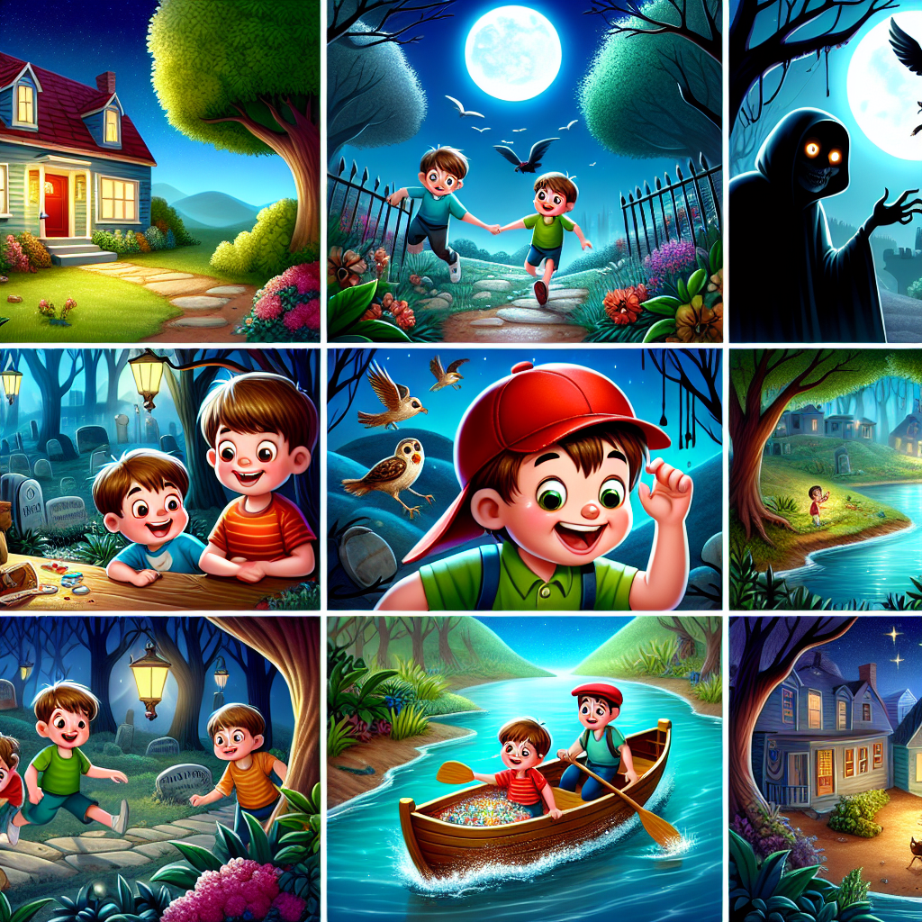 Colorful cartoon storyboard showing 8 key scenes from Tom and Huck's Midnight Adventure