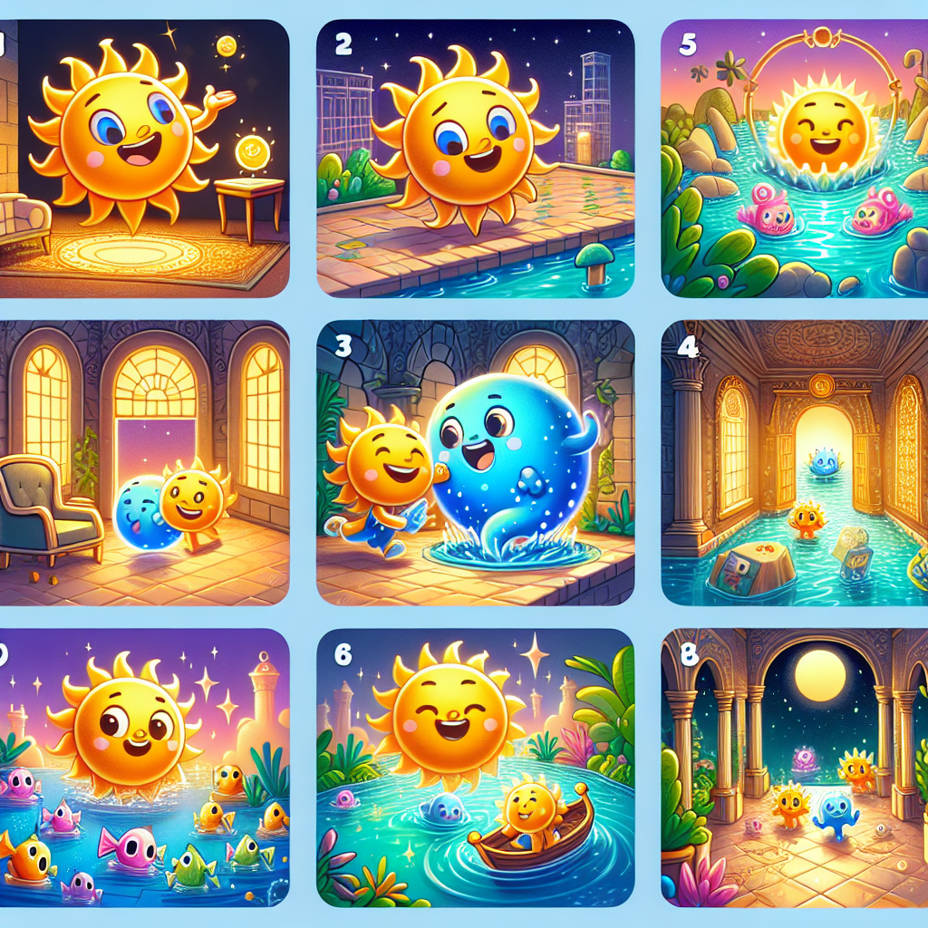 Colorful cartoon storyboard showing 8 key scenes from The Generous Sun