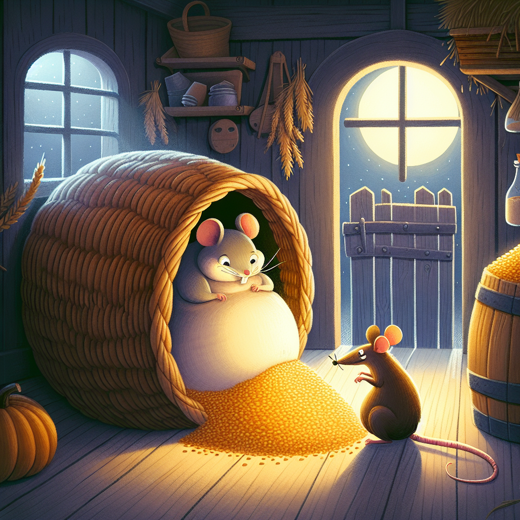 Colorful children's illustration for the story: The Mouse and the Grain