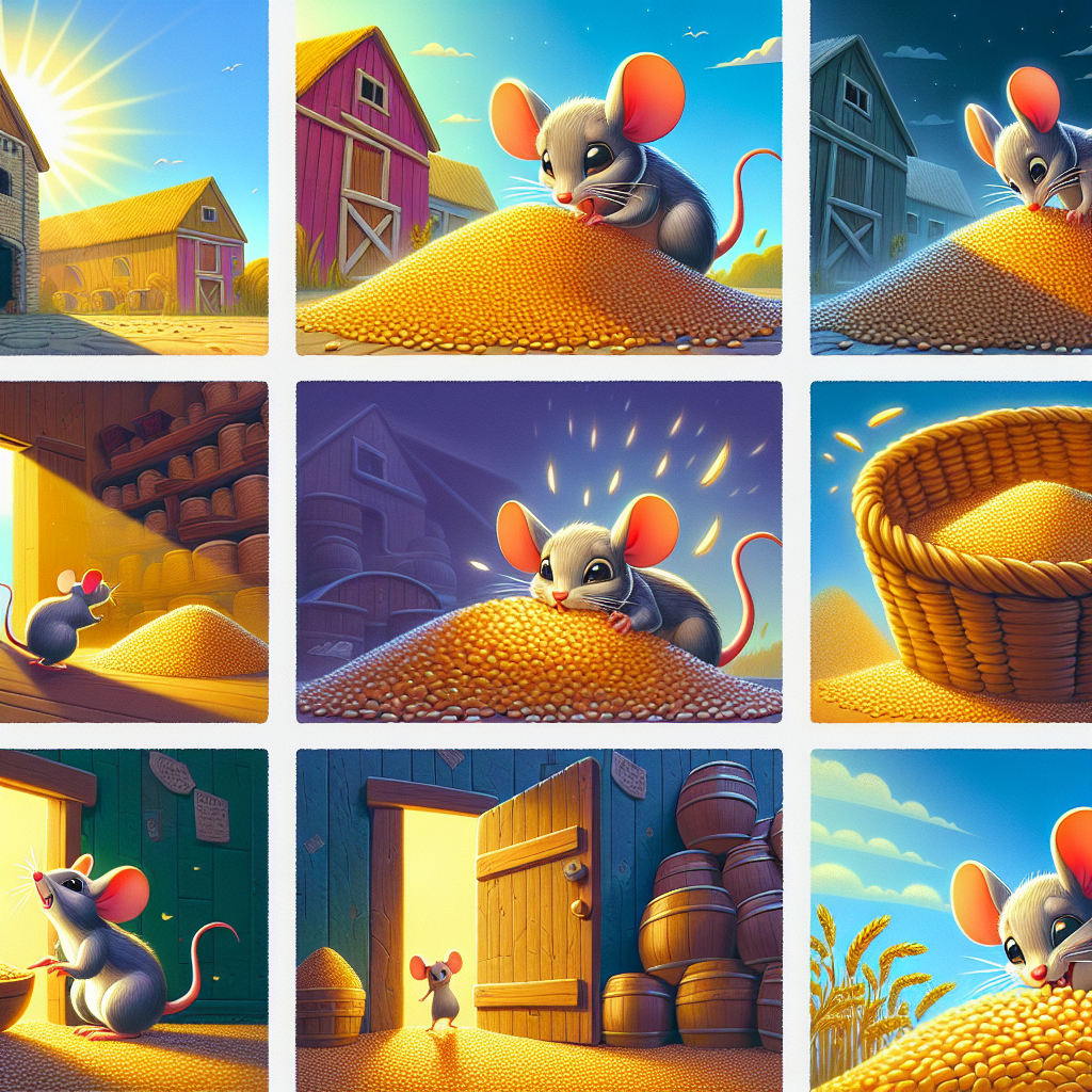 Colorful cartoon storyboard showing 8 key scenes from The Mouse and the Grain