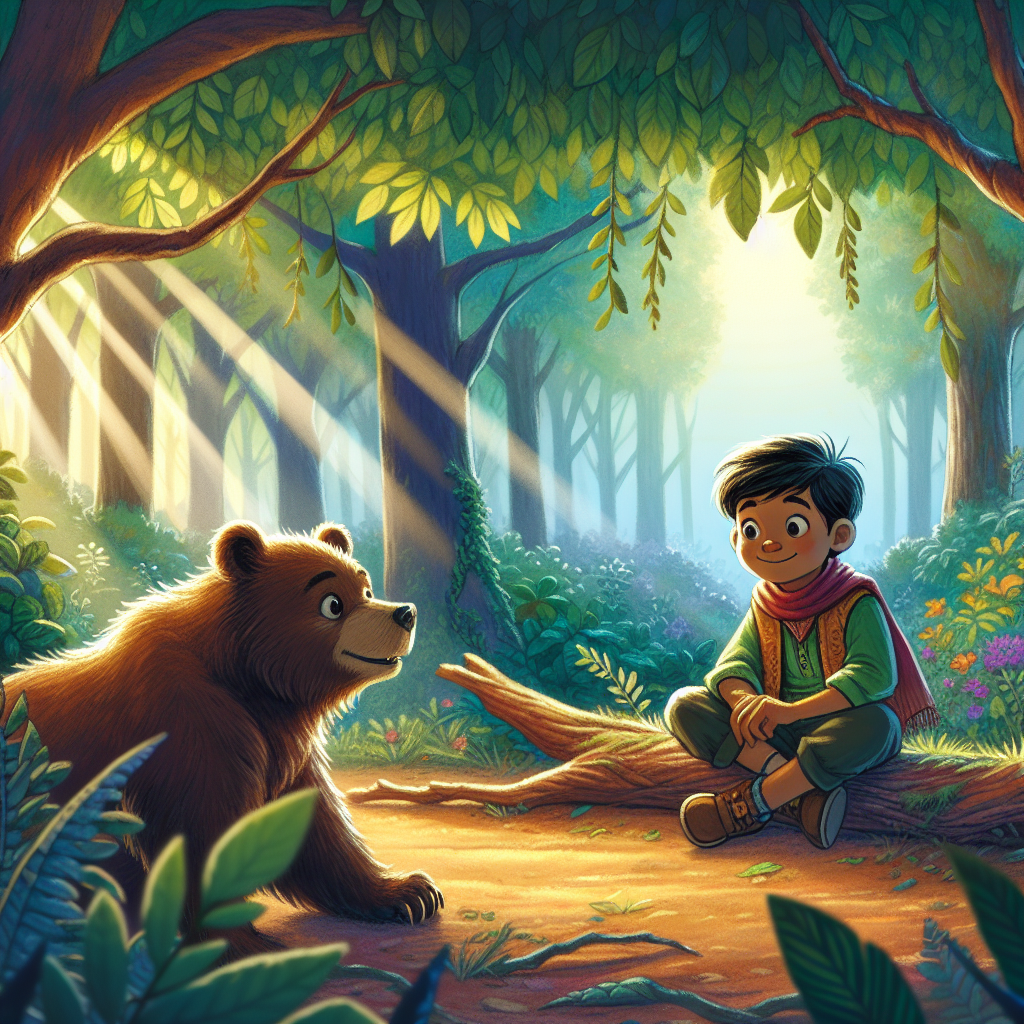 Colorful children's illustration for the story: The Bear and the Two Friends