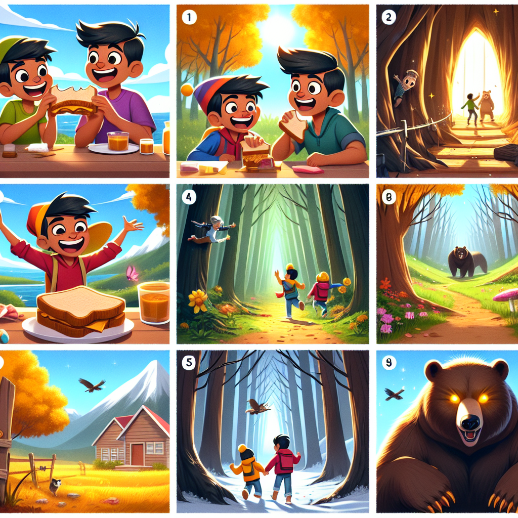 Colorful cartoon storyboard showing 8 key scenes from The Bear and the Two Friends