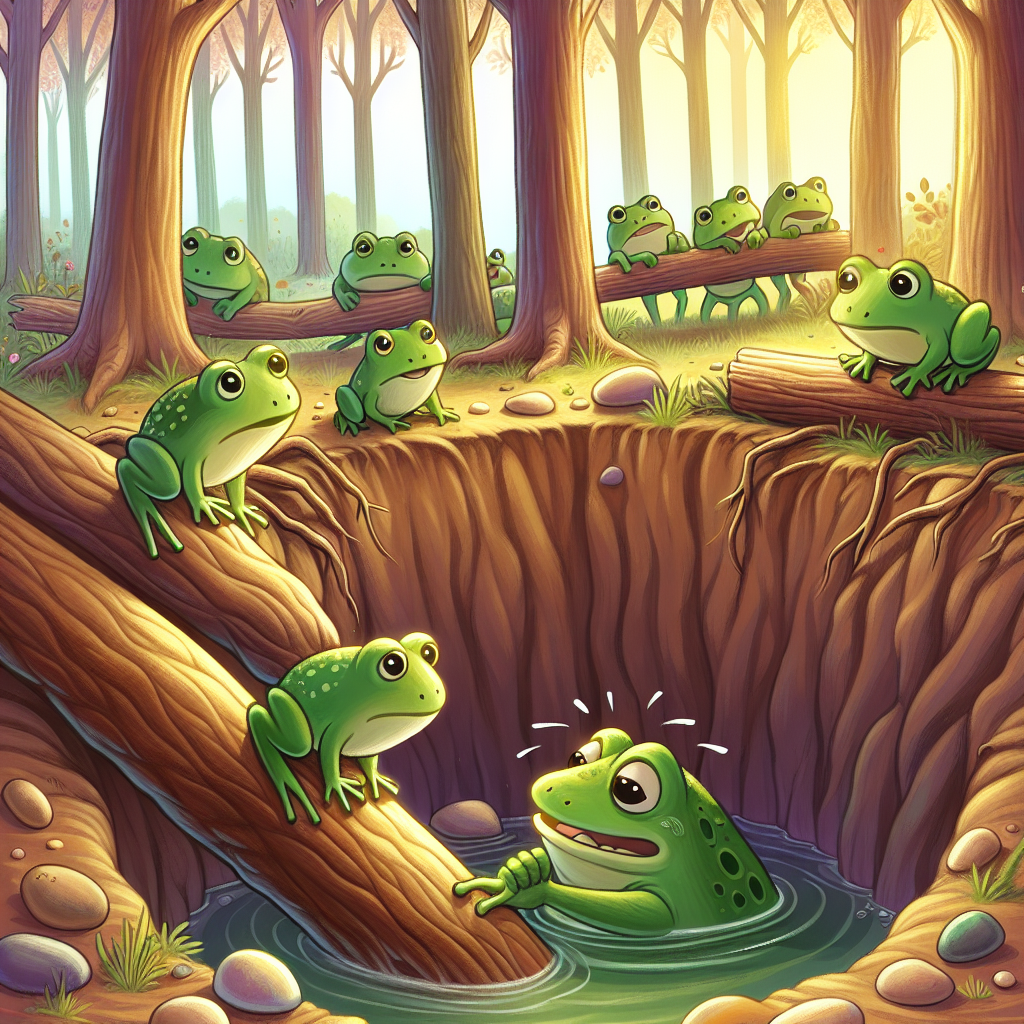Colorful children's illustration for the story: The Frogs and the Power of Words