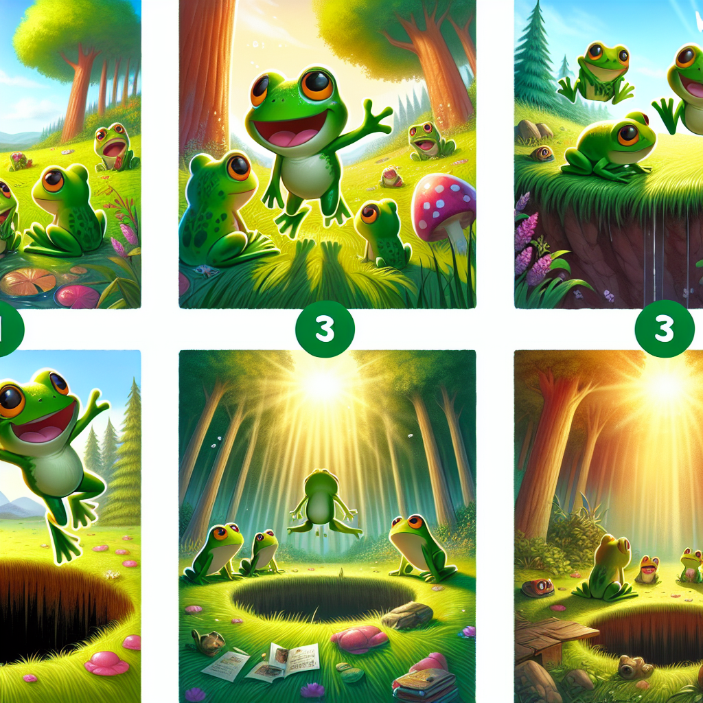 Colorful cartoon storyboard showing 8 key scenes from The Frogs and the Power of Words