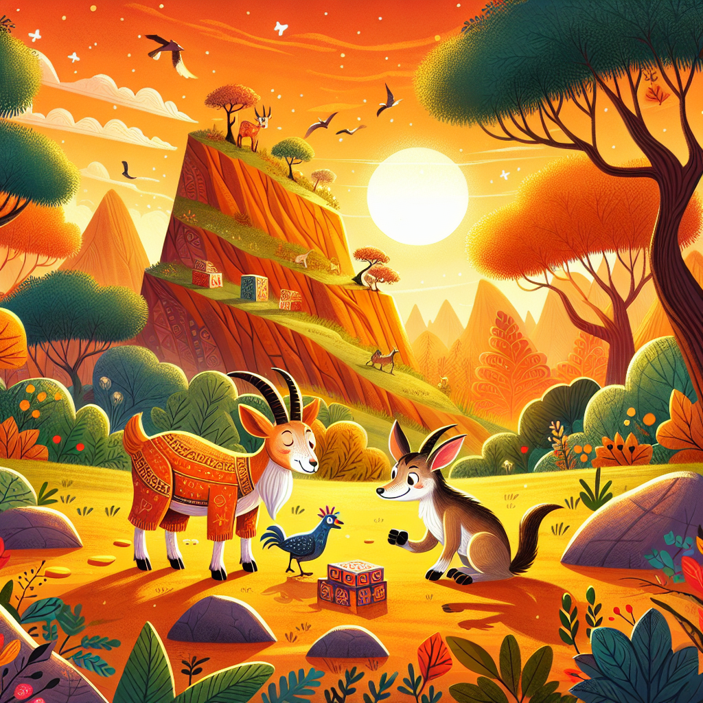 Colorful children's illustration for the story: The Two Rams and the Jackal