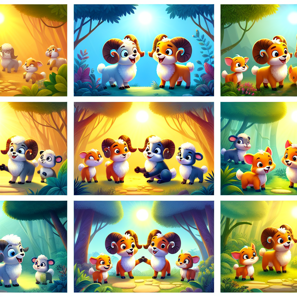 Colorful cartoon storyboard showing 8 key scenes from The Two Rams and the Jackal