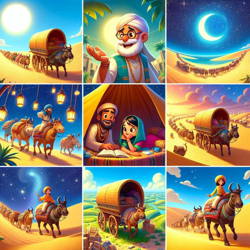Colorful cartoon storyboard showing 8 key scenes from The Water-Seller