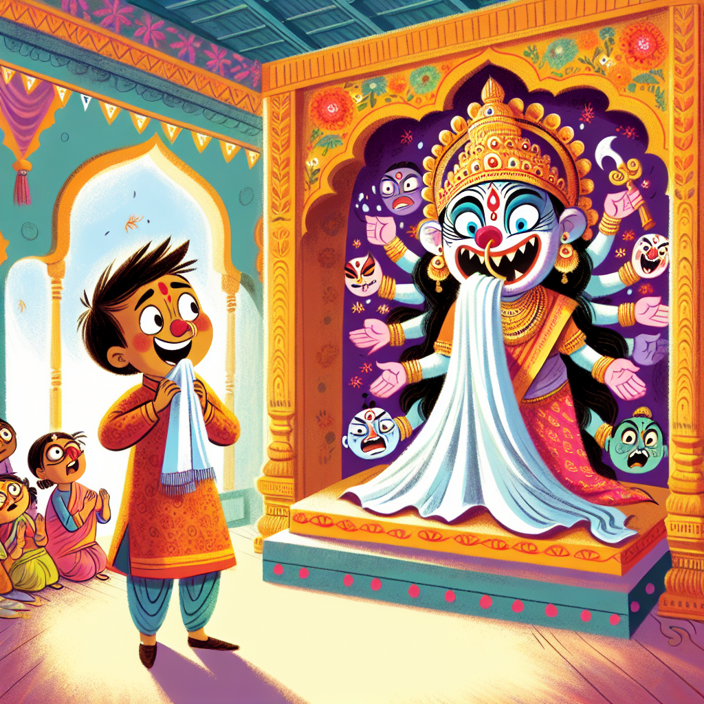 Colorful children's illustration for the story: Tenali Raman and the Goddess's Cold