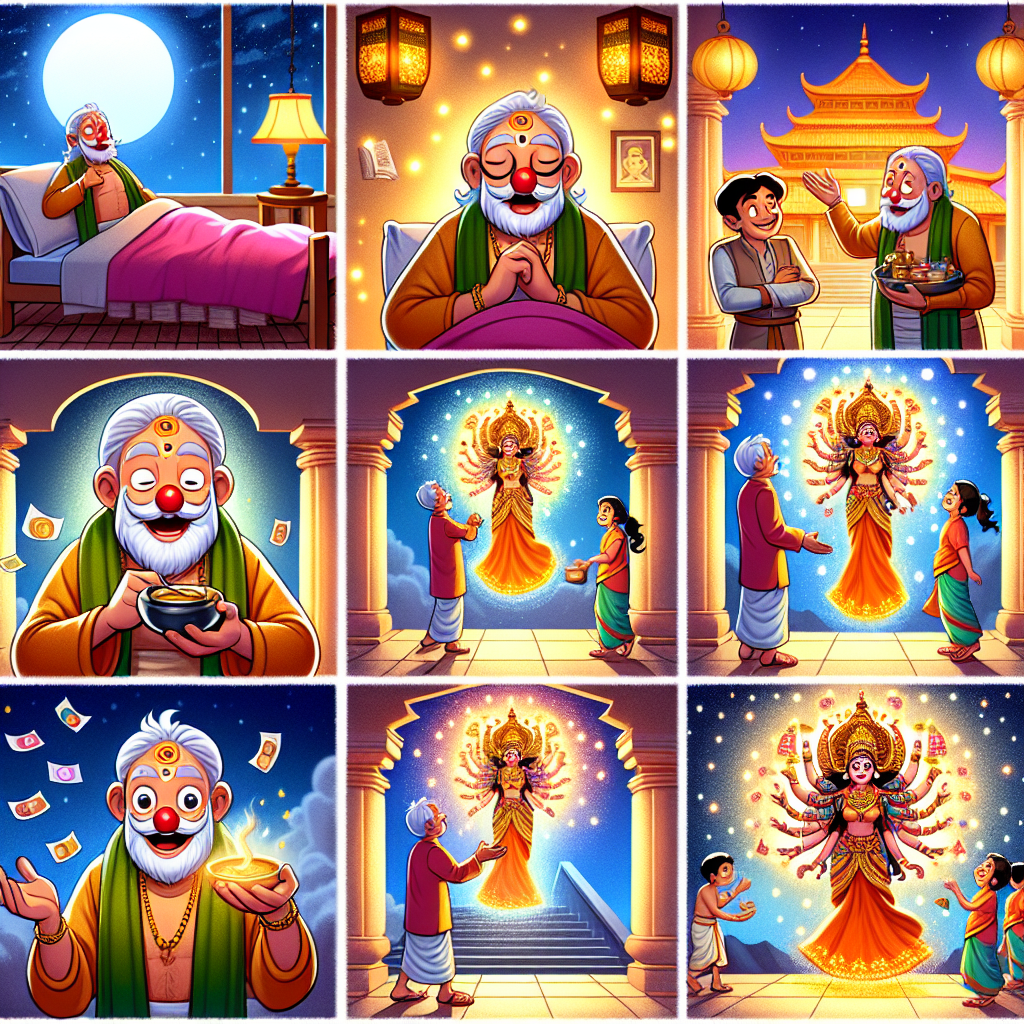 Colorful cartoon storyboard showing 8 key scenes from Tenali Raman and the Goddess's Cold