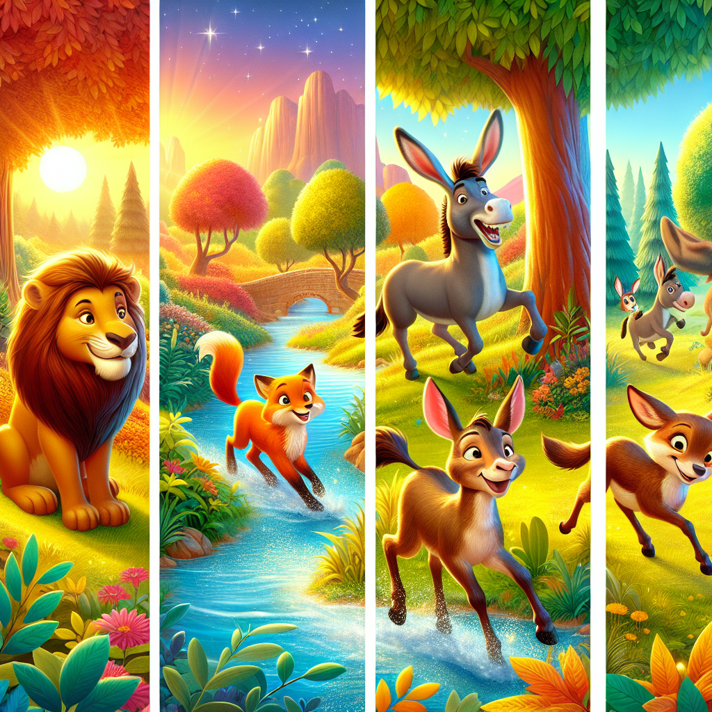 Colorful cartoon storyboard showing 8 key scenes from The Fox and the Donkey