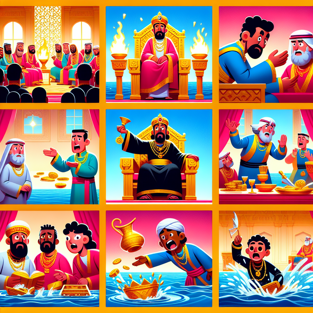 Colorful cartoon storyboard showing 8 key scenes from The Wise Fool