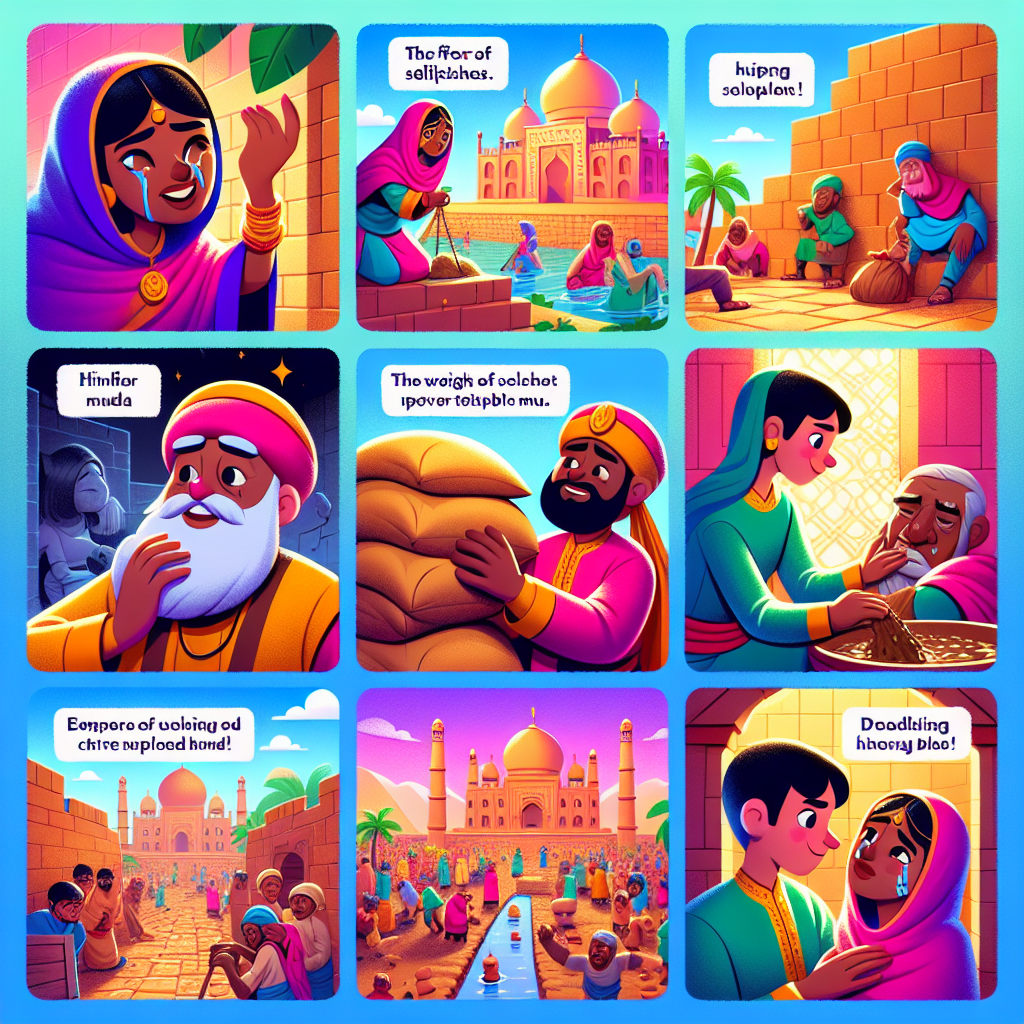 Colorful cartoon storyboard showing 8 key scenes from The Weight of Greed