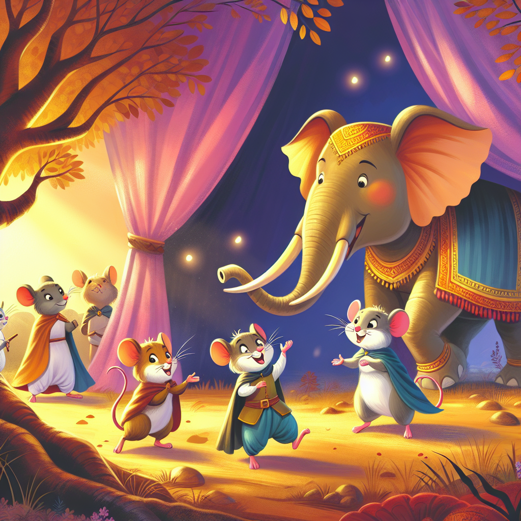 Colorful children's illustration for the story: The Mice and the Elephants