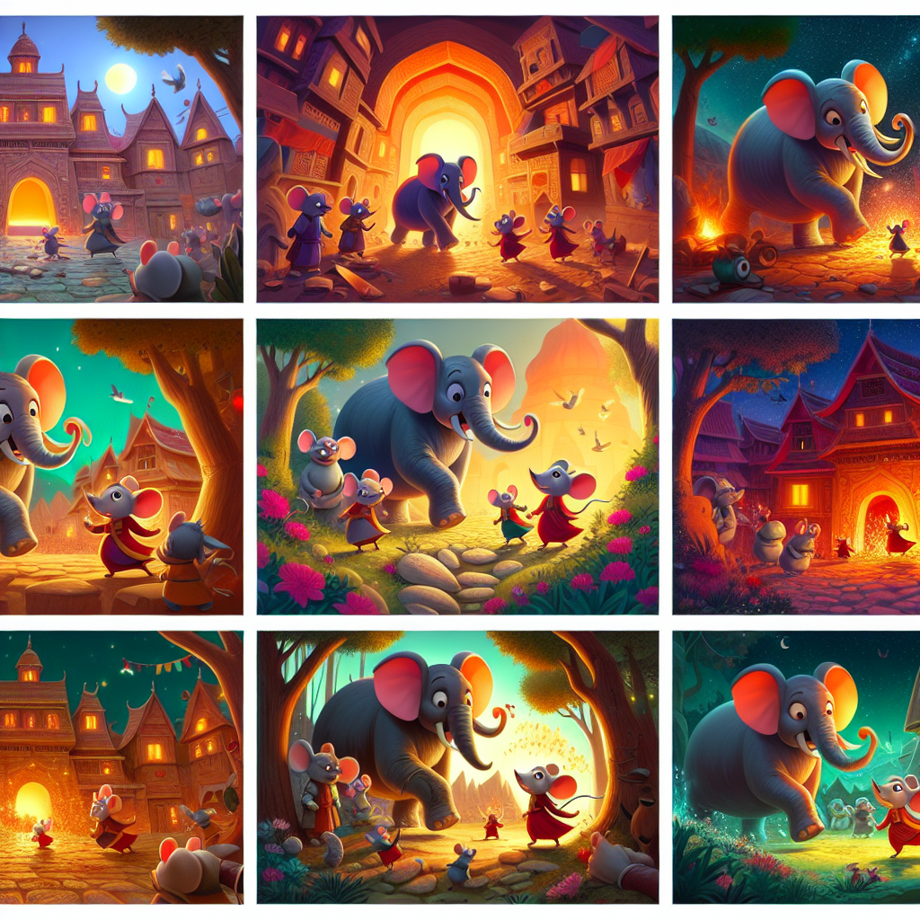 Colorful cartoon storyboard showing 8 key scenes from The Mice and the Elephants