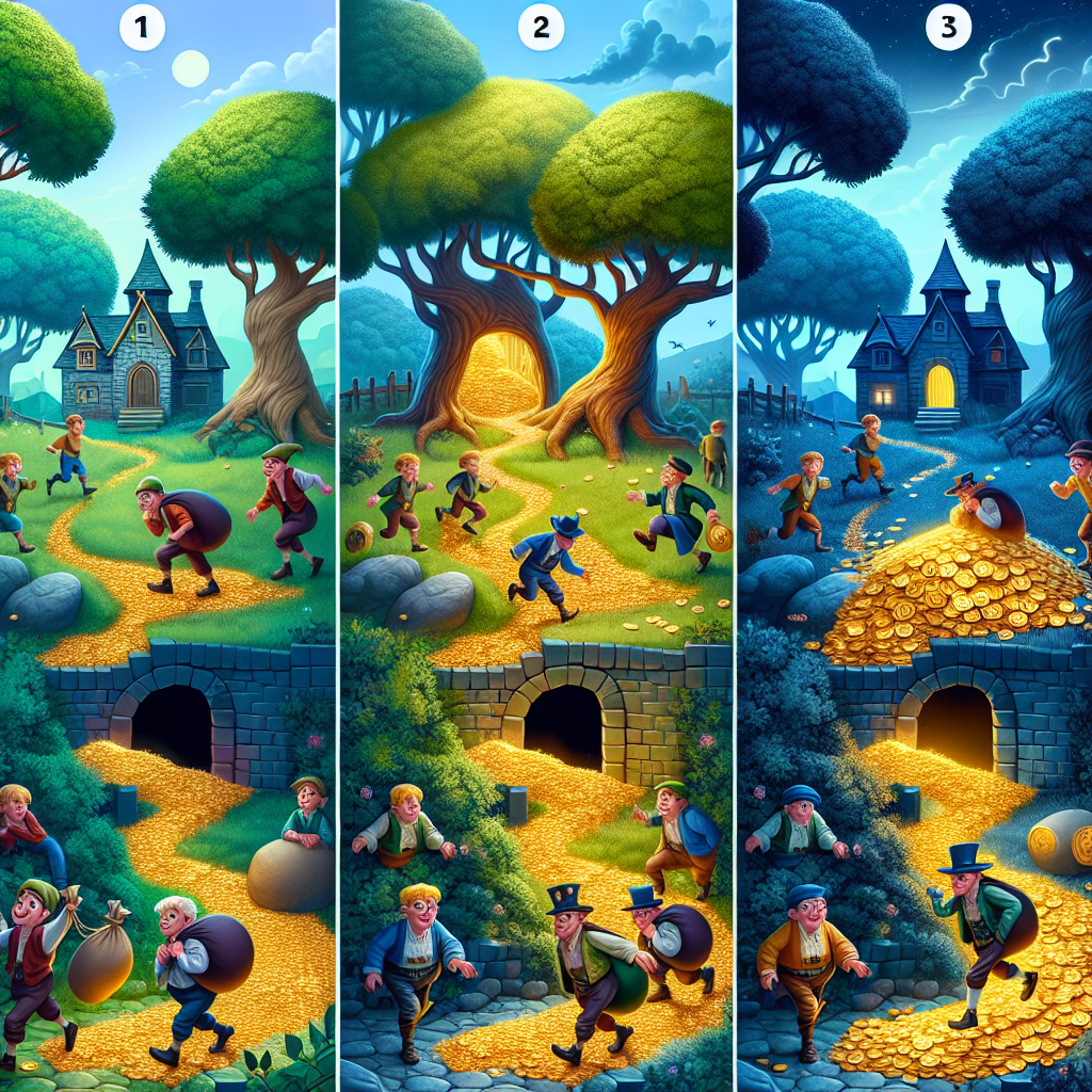 Colorful cartoon storyboard showing 8 key scenes from The Three Thieves