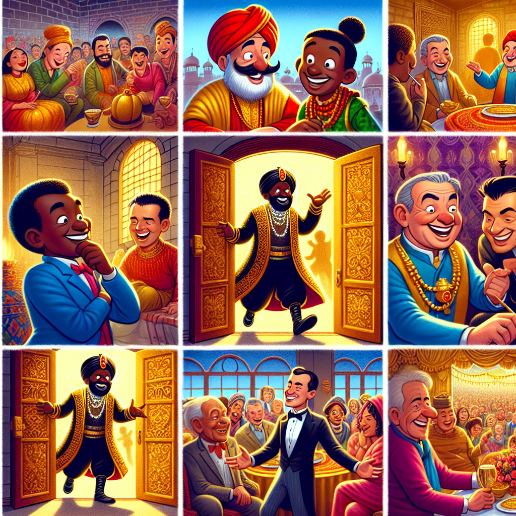 Colorful cartoon storyboard showing 8 key scenes from The Guest Who Came to Dinner