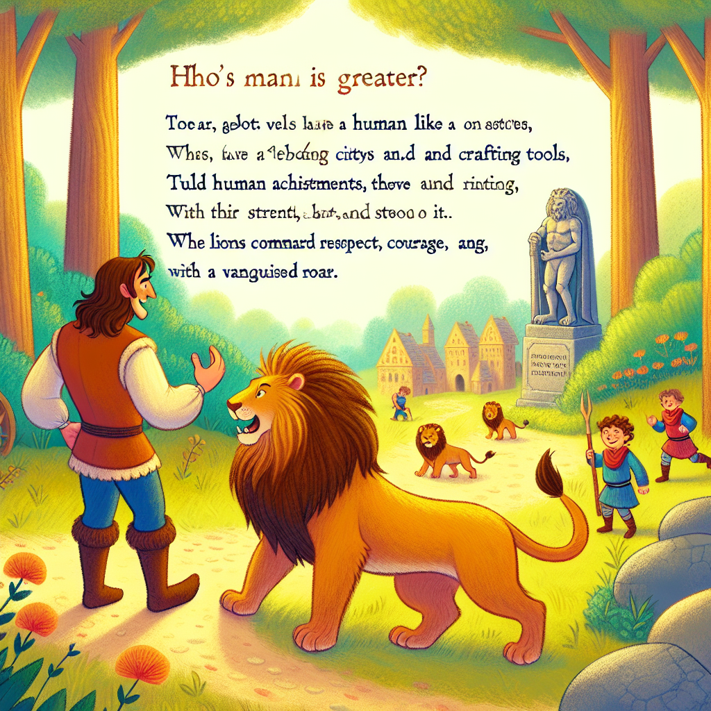 Colorful children's illustration for the story: The Man and the Lion
