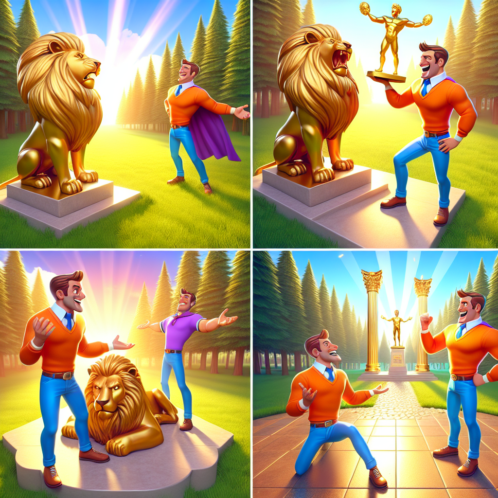 Colorful cartoon storyboard showing 8 key scenes from The Man and the Lion