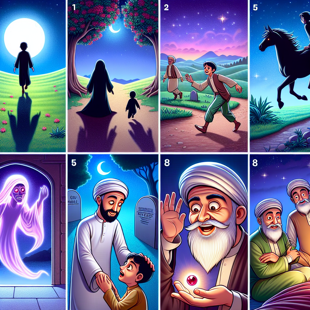Colorful cartoon storyboard showing 8 key scenes from The Blind Sons and the Truth