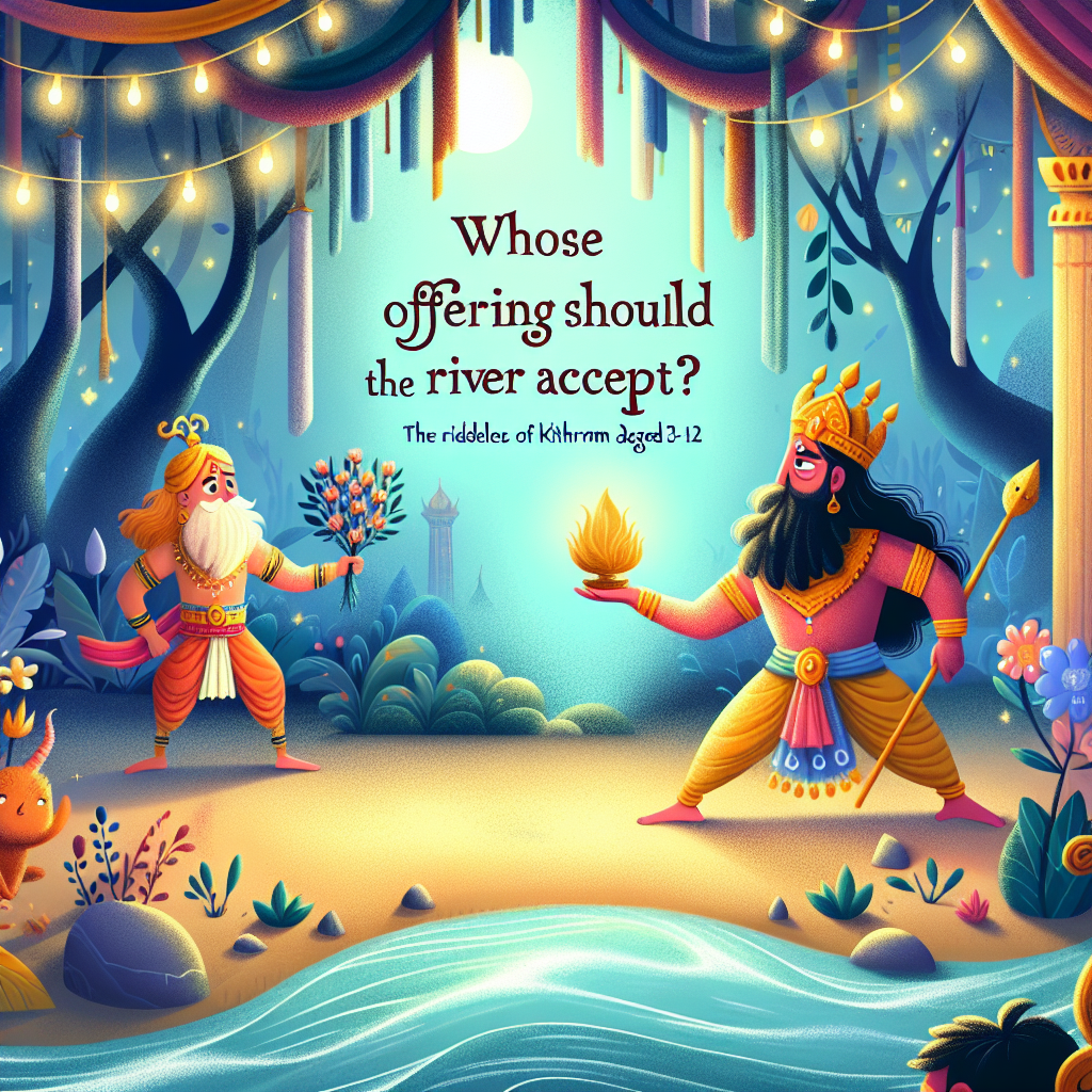Colorful children's illustration for the story: The Offering to the River