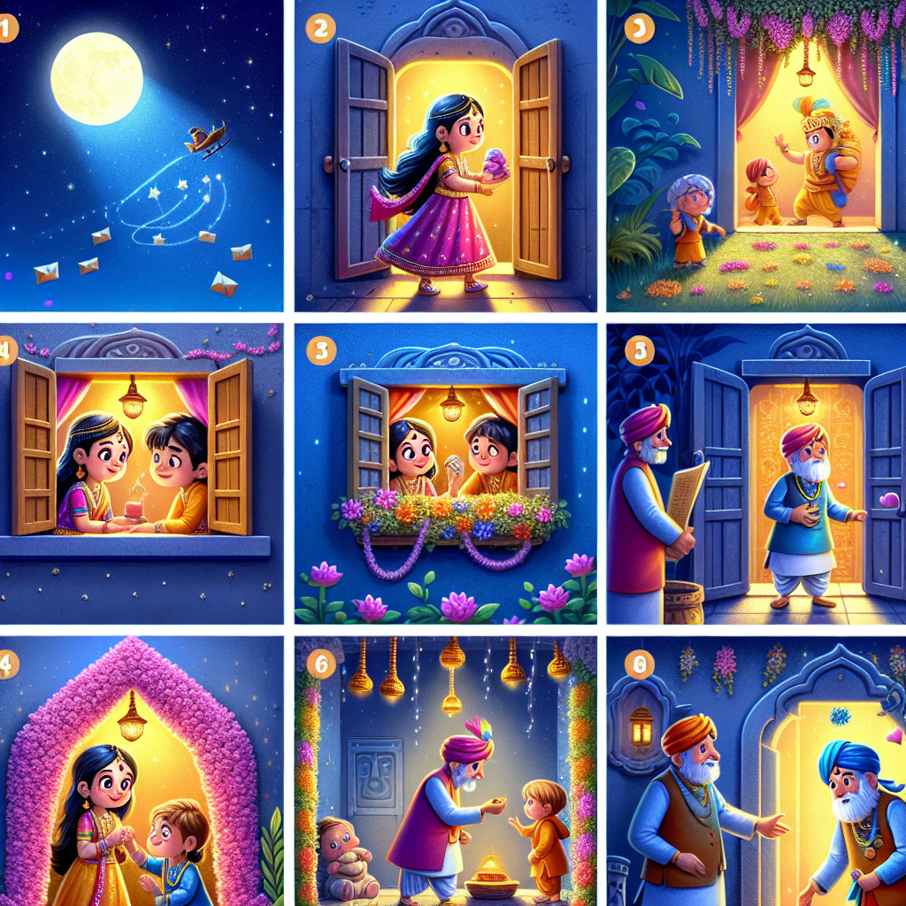 Colorful cartoon storyboard showing 8 key scenes from The Offering to the River