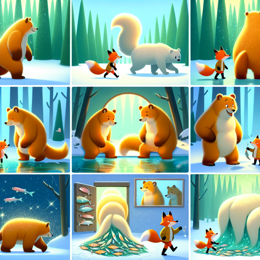 Colorful cartoon storyboard showing 8 key scenes from Why Bears Have Short Tails