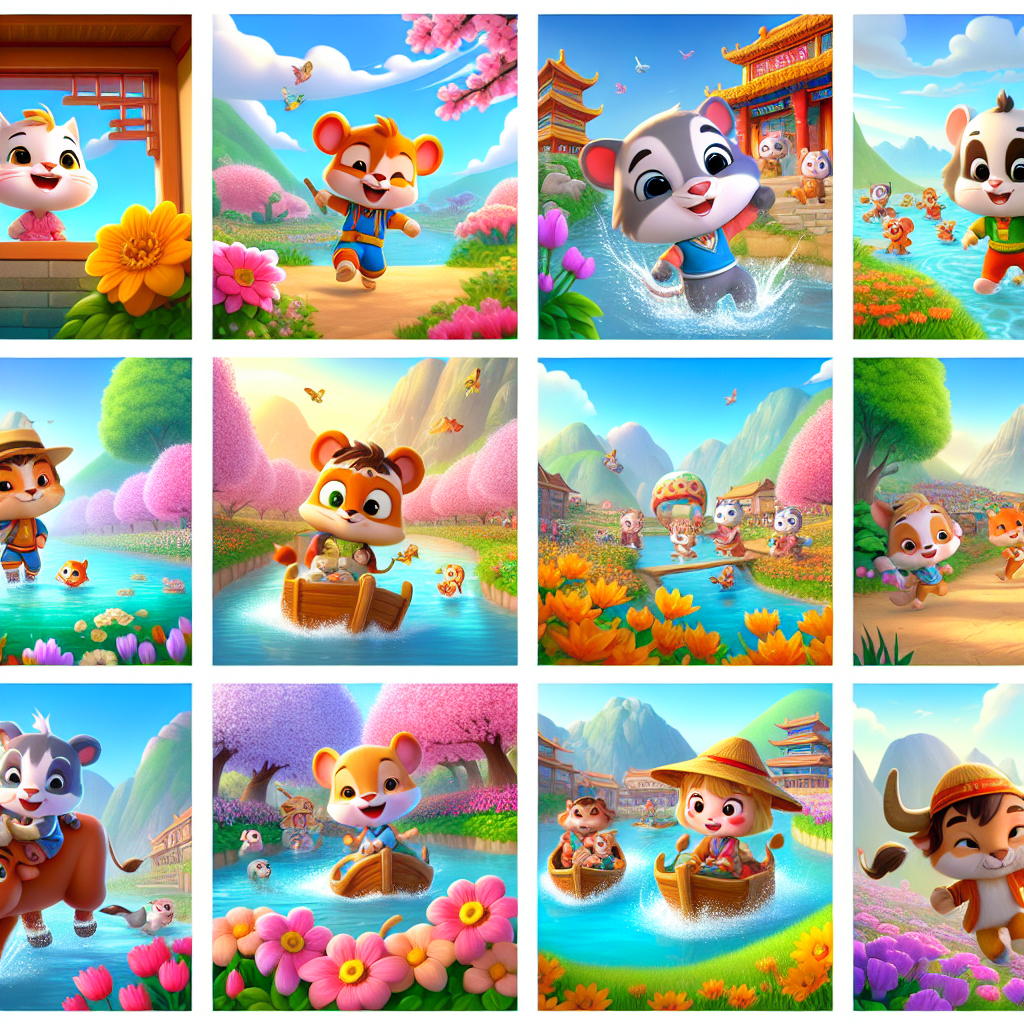 Colorful cartoon storyboard showing 8 key scenes from The Cat and the Mouse