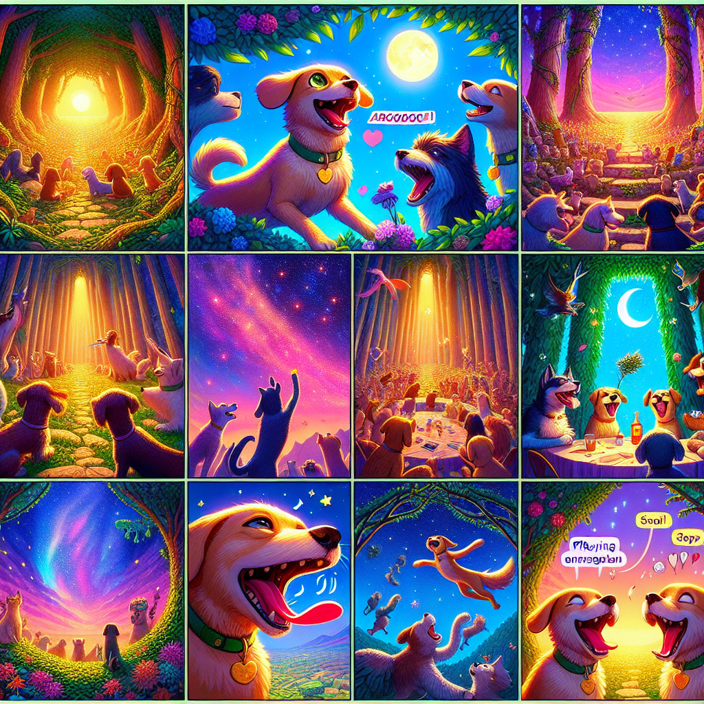 Colorful cartoon storyboard showing 8 key scenes from Why Dogs Chase the Moon