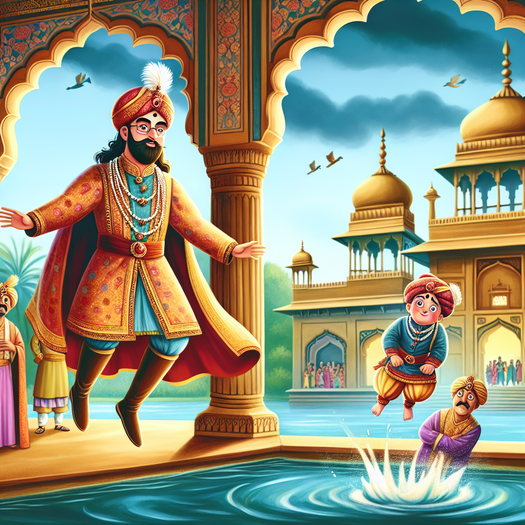 Colorful children's illustration for the story: Birbal and the Wax Statue