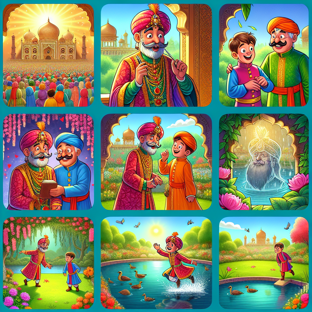 Colorful cartoon storyboard showing 8 key scenes from Birbal and the Wax Statue