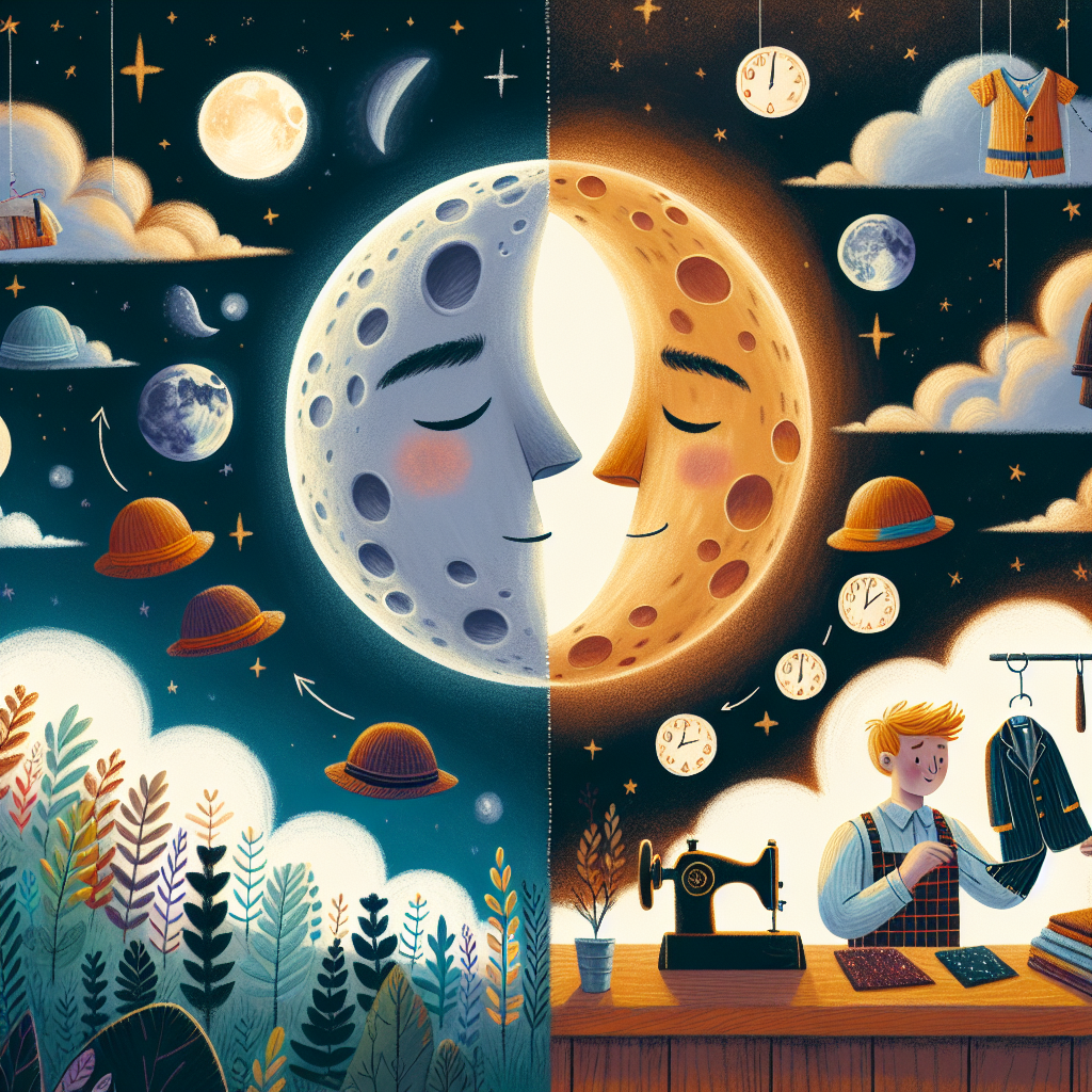Colorful children's illustration for the story: Why the Moon Wore No Hat