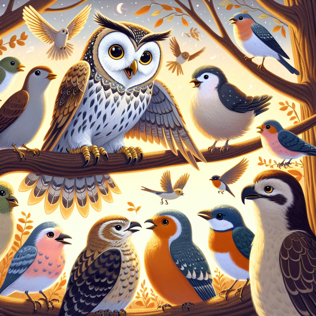 Colorful children's illustration for the story: How the Owl Became a Night Hunter