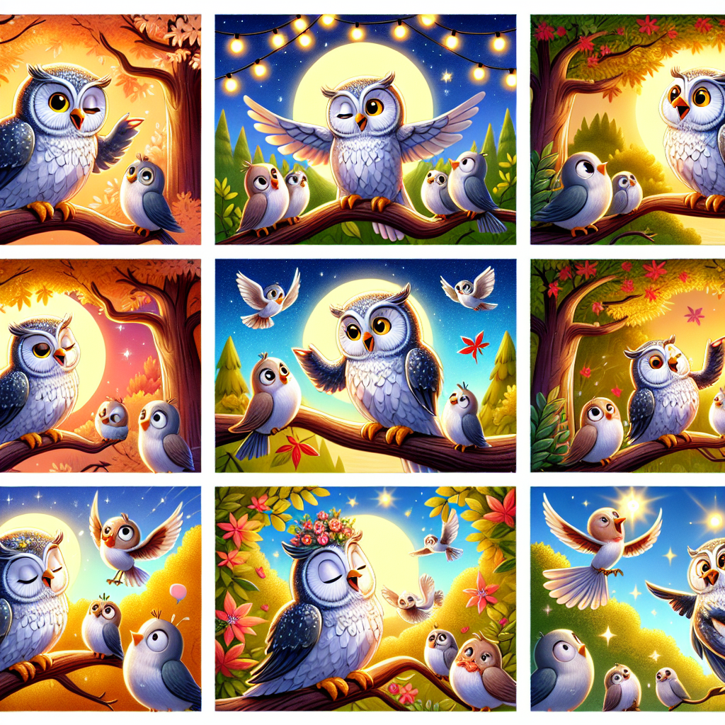 Colorful cartoon storyboard showing 8 key scenes from How the Owl Became a Night Hunter