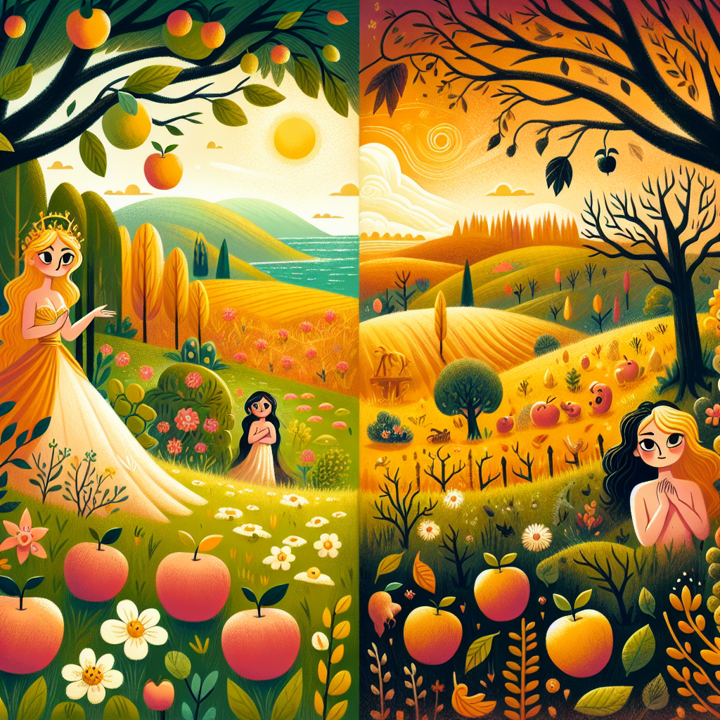 Colorful children's illustration for the story: Persephone and the Seasons