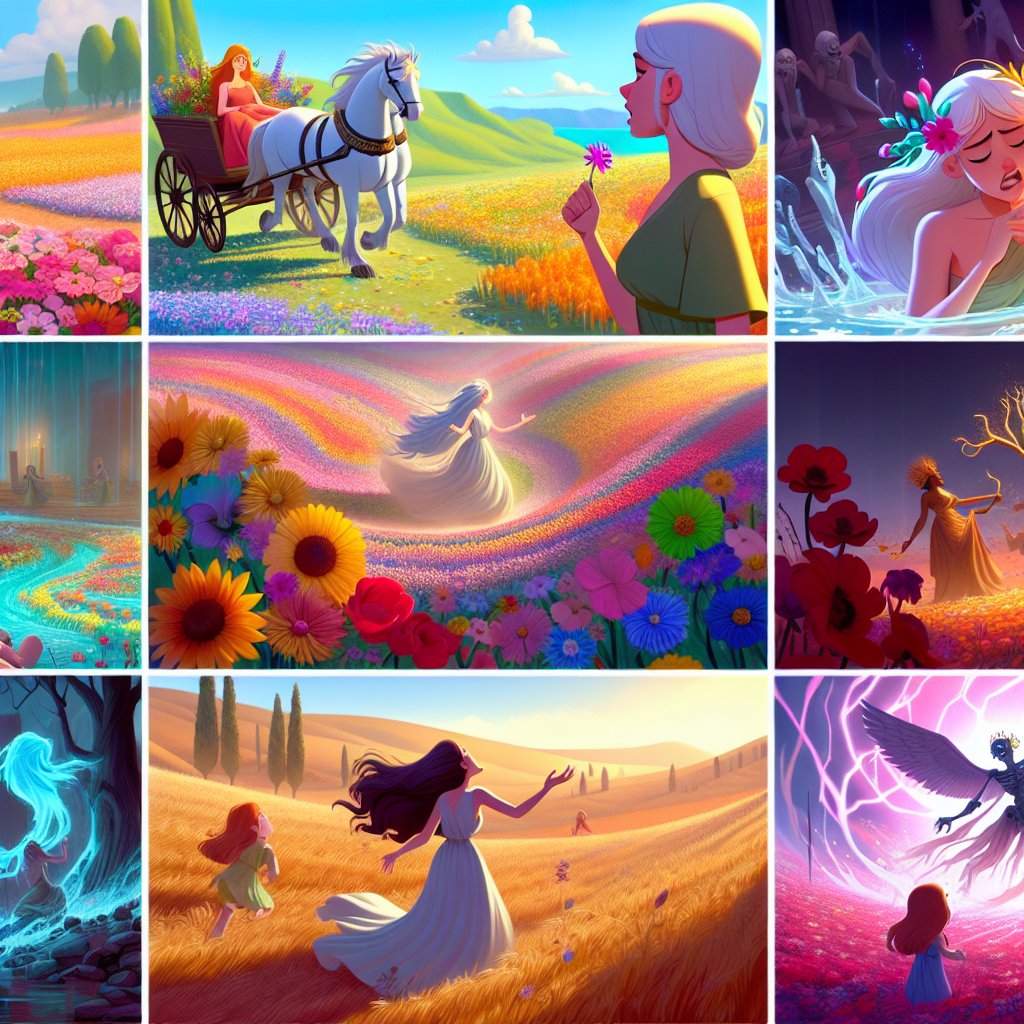 Colorful cartoon storyboard showing 8 key scenes from Persephone and the Seasons