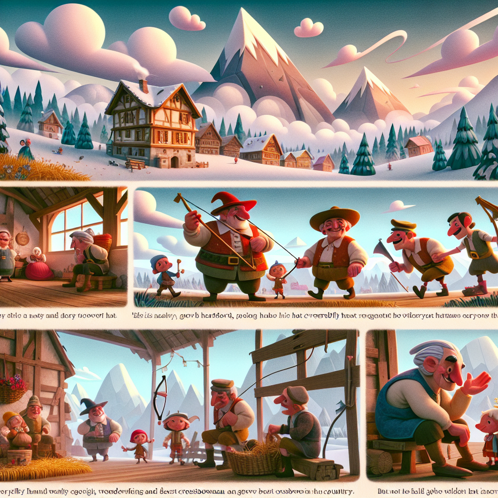Colorful cartoon storyboard showing 8 key scenes from William Tell