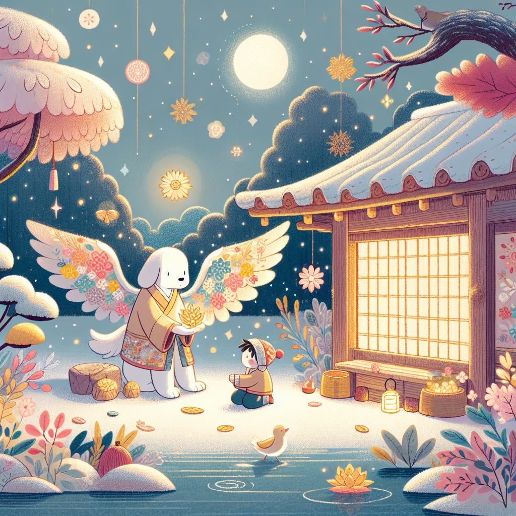 Colorful children's illustration for the story: The Grateful Crane