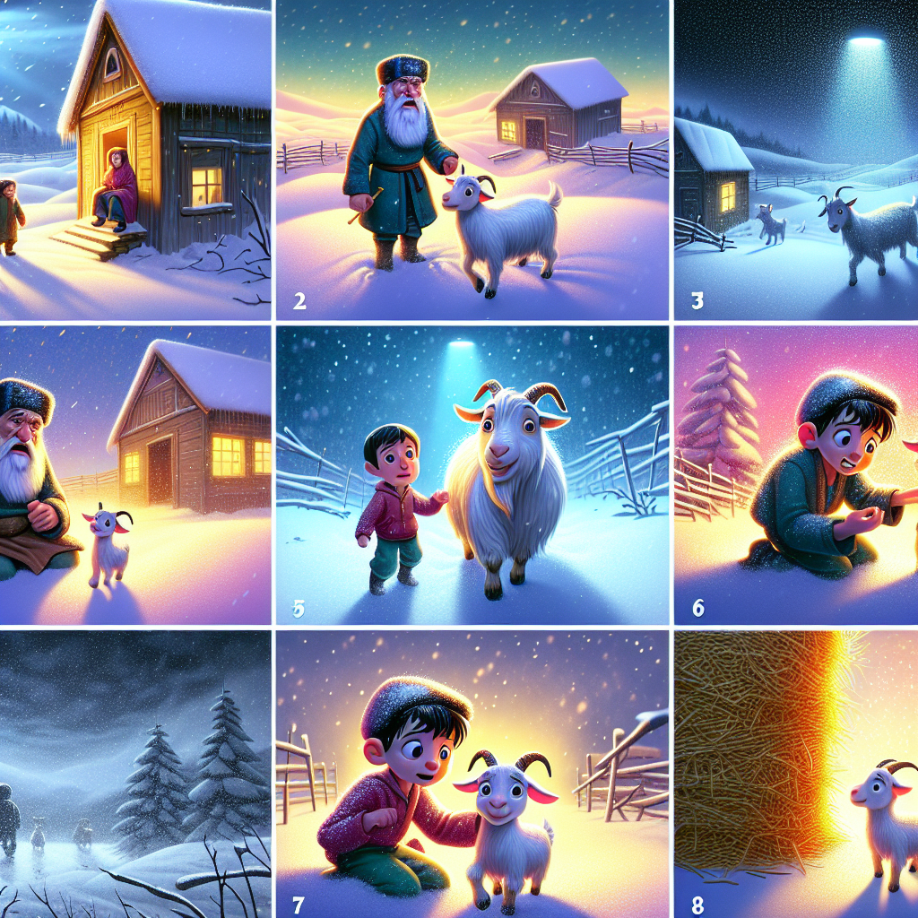 Colorful cartoon storyboard showing 8 key scenes from Zlateh the Goat